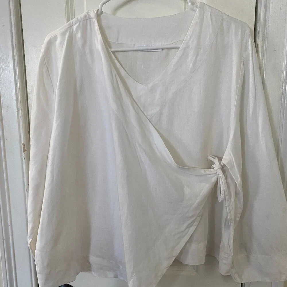 bryn Walker White Wrap-Style Linen Blend Blouse - Picture 1 of 8